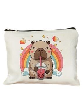 Capybara Bubble Tea Rainbow Makeup Bag Travel Toiletries Pencil Case Pouch NWOT